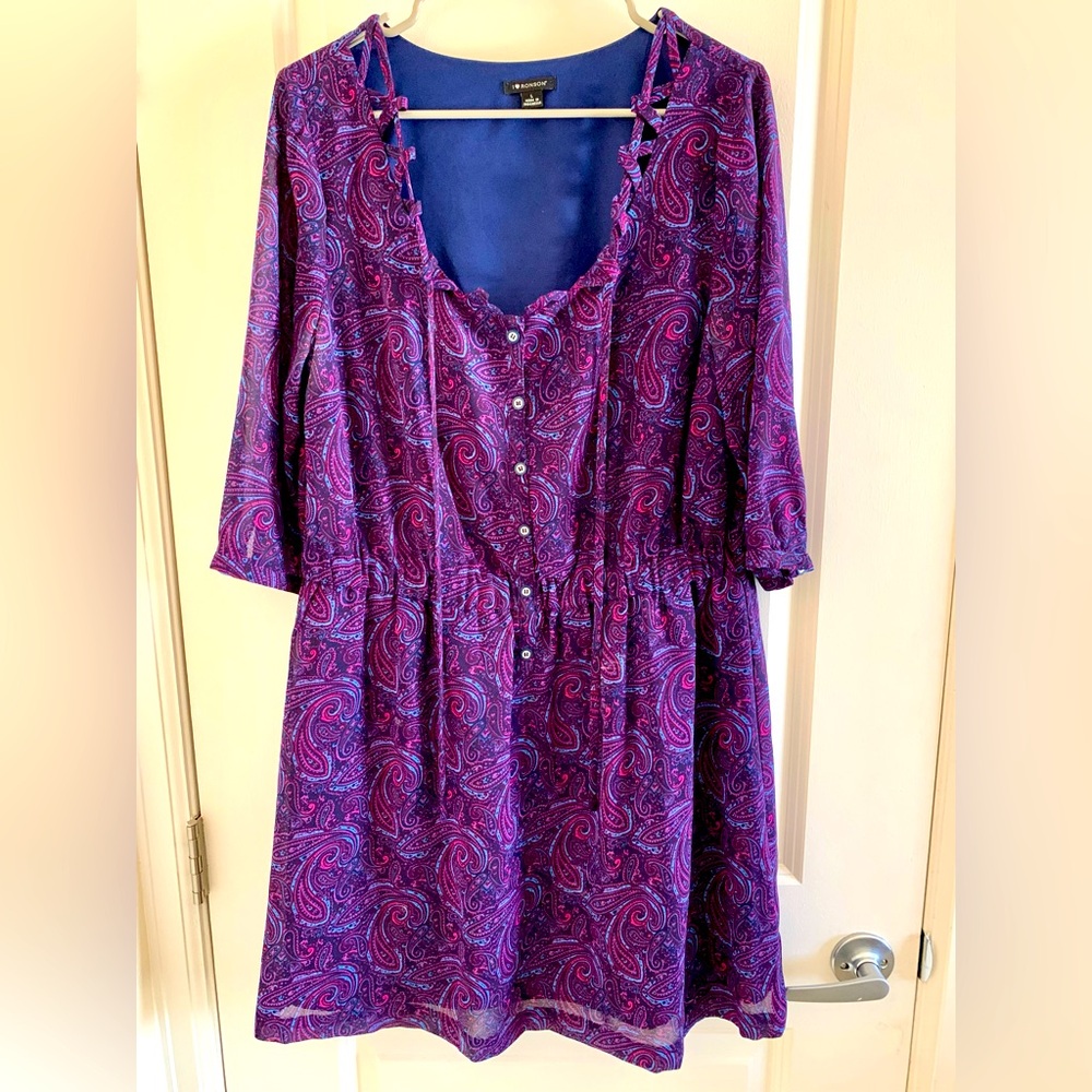 I Heart ❤️ Ronson Womens Purple Paisley V-Neck 3/4 Sleeve Dress Size Large L